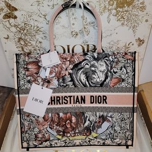 DIOR BOOK TOTE LA FORCE GRAY BEIGE PEACH PINK FLOWERS LIMITED EDITION LARGE BAG